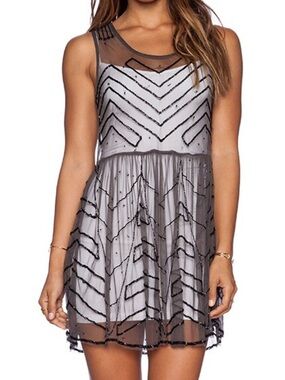 FREE PEOPLE Gray Embellished Mesh Mini Slip